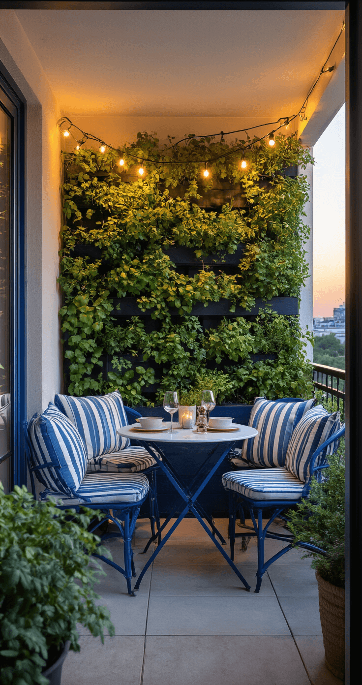 A cozy townhouse balcony at sunset featuring a Mediterranean blue bistro set with striped cushions, a vertical garden wall filled with herbs and vines, and string lights overhead, viewed from the doorway with soft golden hour lighting enhancing the scene.
