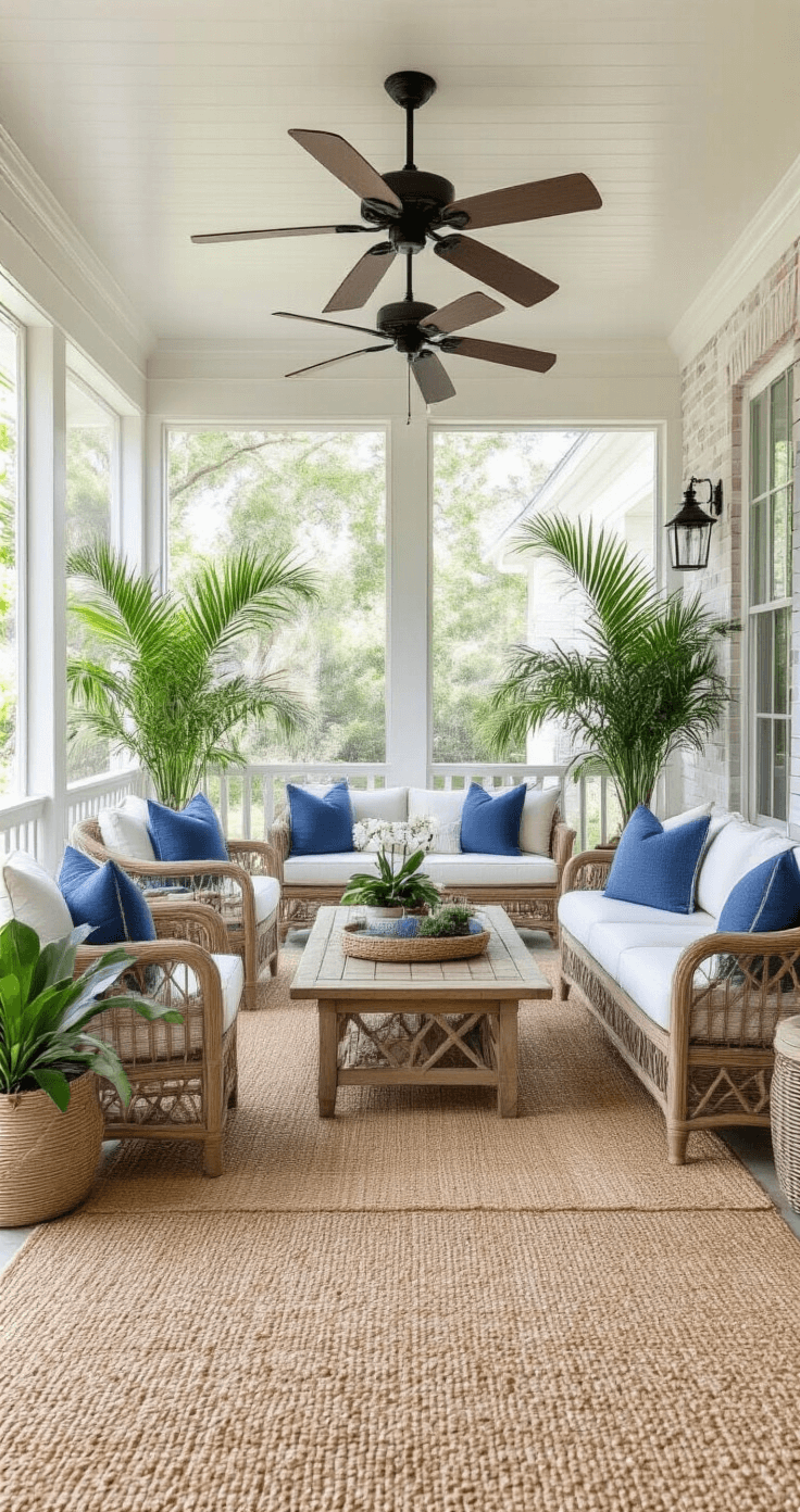 Interior shot of an expansive 20x12ft screened porch featuring weathered teak furniture on a jute rug, accented with coastal blue and sandy beige pillows. White brick walls contrast with dark ceiling fans, while potted palms and orchids enhance the tropical ambiance. The scene is brightly lit and captured from a corner with a wide-angle lens.