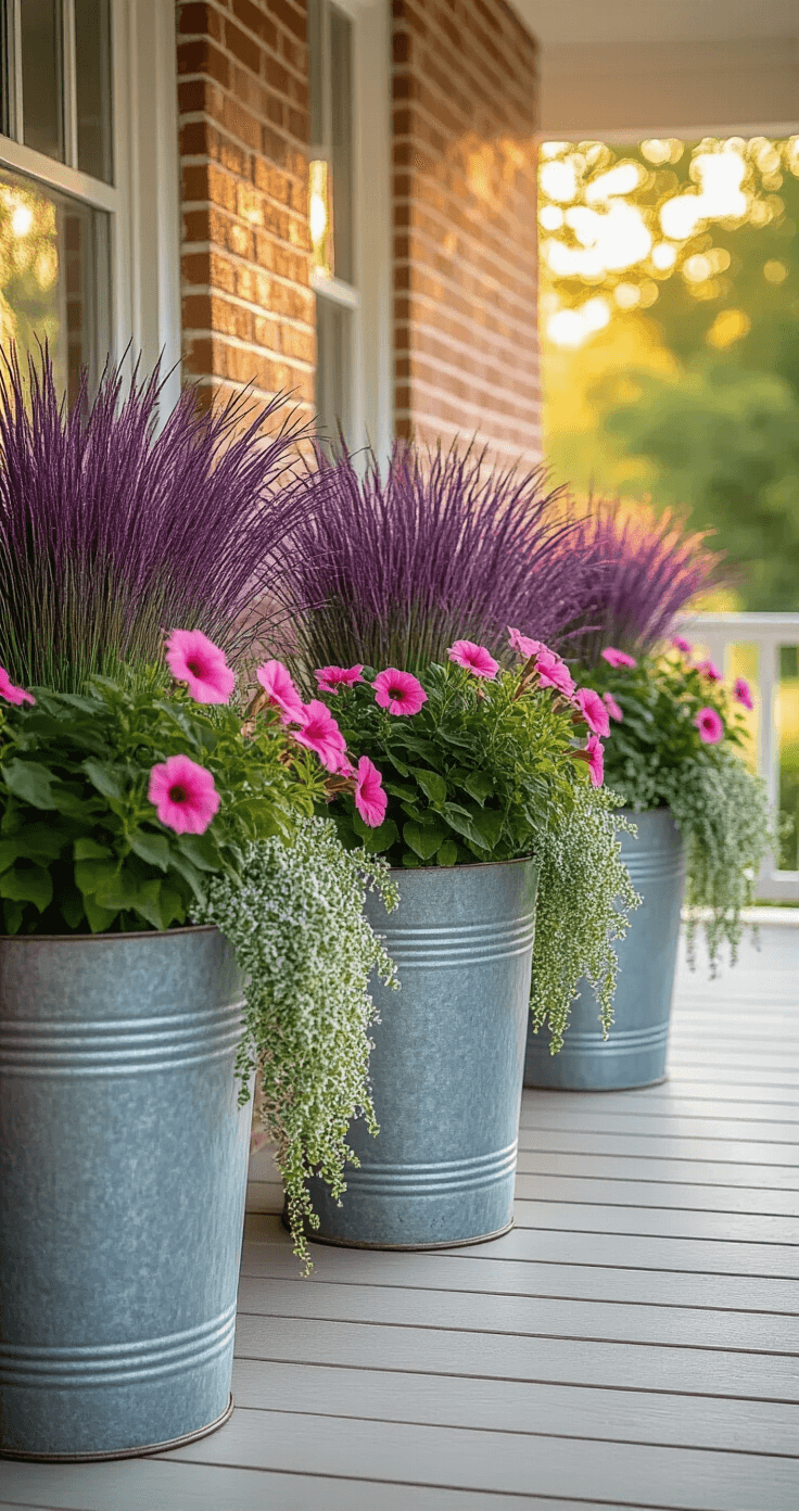 A sunlit farmhouse porch at golden hour features graduated galvanized metal planters with tall purple fountain grass, soft pink petunias, and cascading silver dichondra. The scene is set on whitewashed wooden planks against a vintage brick wall, showcasing rustic elegance with warm lighting highlighting various textures.