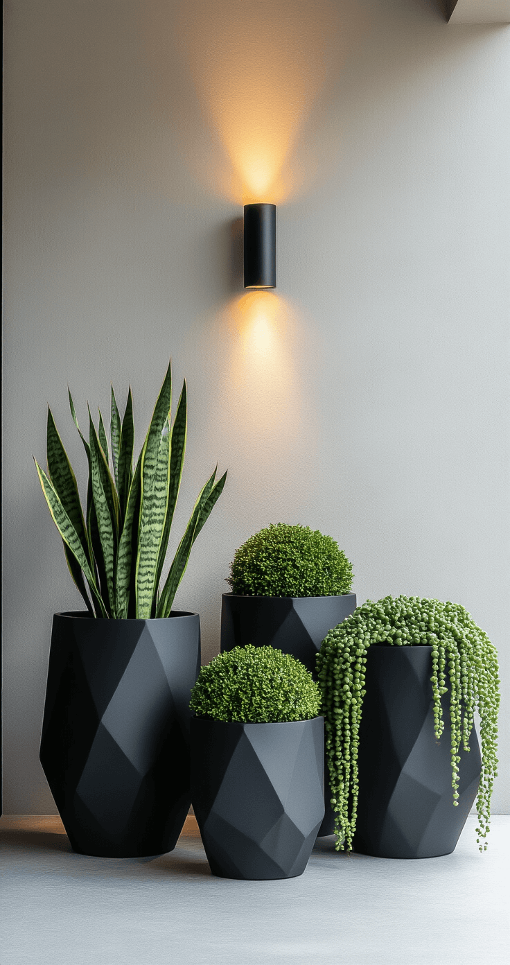 Modern minimalist entryway featuring three matte black geometric planters of varying heights against a light grey stucco wall, with architectural snake plants, dark green boxwood, and cascading string of pearls, highlighted by dramatic side lighting and a shallow depth of field.