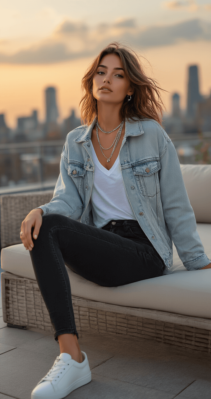 Model lounging on a casual rooftop terrace at sunset, wearing an oversized light-wash denim jacket, white V-neck tee, and high-waisted black skinny jeans, with white leather sneakers and layered silver necklaces; city skyline bokeh in background.