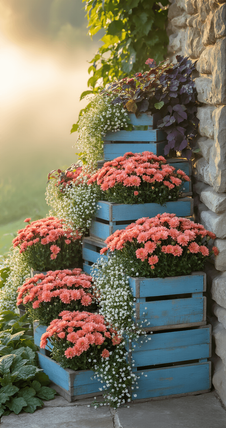Cozy cottage porch at dawn, featuring vintage weathered blue wooden crates stacked with coral-colored mums, white alyssum, and trailing purple sweet potato vine, surrounded by morning mist and highlighted by soft diffused lighting.