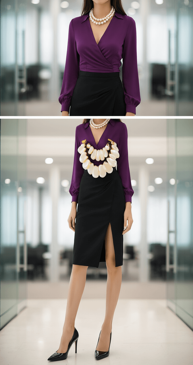 A professional woman in a modern office environment wearing a deep purple wrap blouse, black pencil skirt with a back slit, and patent leather block-heeled pumps, complemented by a statement pearl and gold necklace. The image showcases her outfit from multiple angles, highlighting its polished look in a cleanly lit space with glass partitions and contemporary furniture.