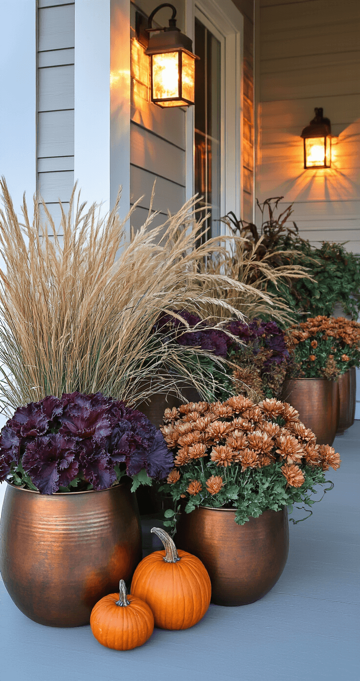 A cozy late autumn porch scene at blue hour, showcasing oversized copper planters with verdigris patina, filled with burgundy ornamental kale, bronze mums, and miniature pumpkins, surrounded by preserved ornamental grasses, all illuminated by warm porch lights casting dramatic shadows.