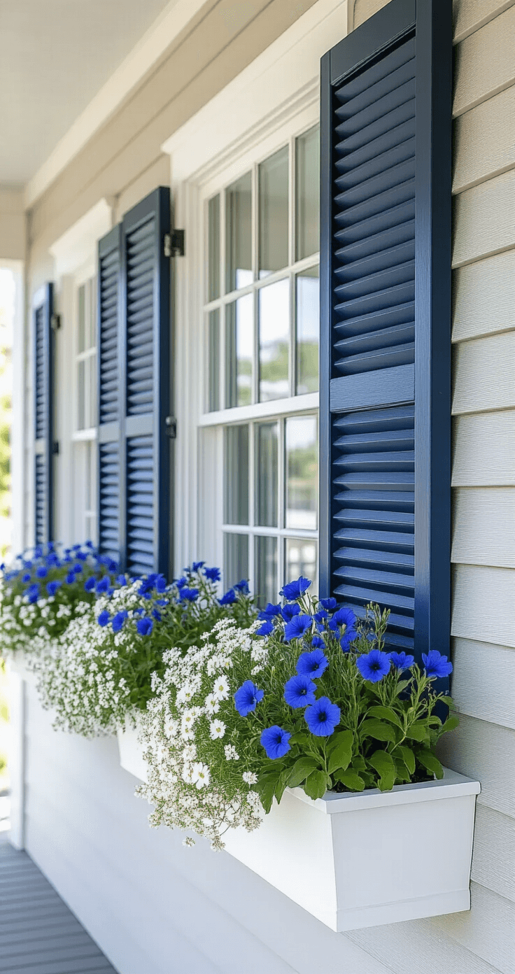 A coastal porch featuring white wooden window boxes filled with blue lobelia, white bacopa, and silvery artemisia, set against salt-weathered shiplap siding and navy shutters, captured from below to accentuate the trailing plants in natural light.