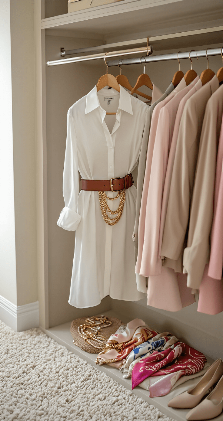 Close-up detail of a luxe walk-in closet featuring a white shirt dress accented by a rich brown leather belt, layered gold chains, and a soft blush pink blazer, alongside colorful silk scarves and statement accessories, all showcased with professional lighting highlighting textures and materials.