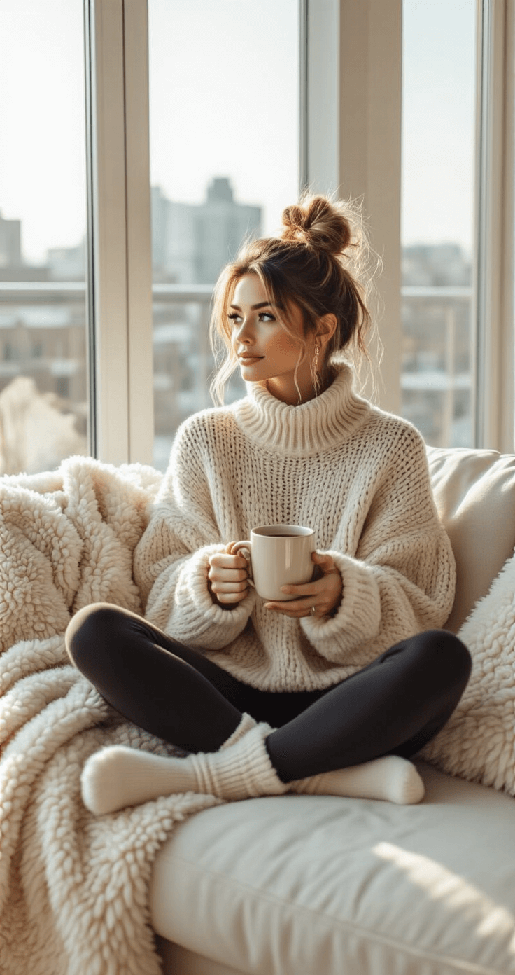 A cozy modern living room with floor-to-ceiling windows, featuring a fashion influencer in an oversized sweater and leggings, sitting cross-legged on a cream sofa with a coffee mug. A teddy coat drapes over the sofa arm, and minimalist gold jewelry adds a stylish touch. The scene is bathed in warm morning light, captured from an elevated angle.