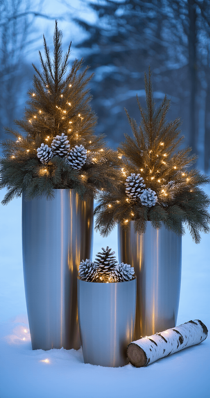 Winter twilight scene with tall brushed nickel planters adorned with twinkle lights, filled with evergreen branches, silver-frosted pinecones, and white birch logs, casting a magical glow on fresh snow under cool blue landscape lighting.