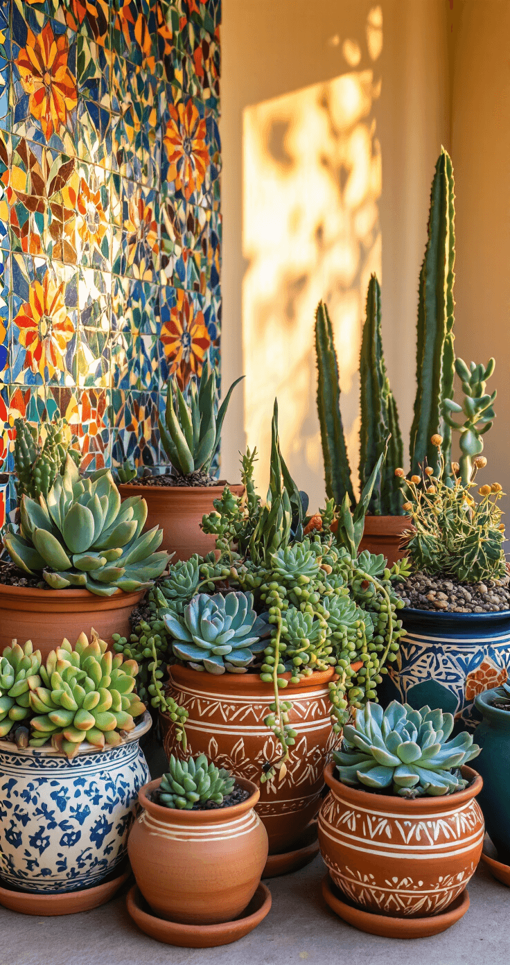 Bohemian sunset porch with jewel-toned hand-painted terracotta pots, showcasing a mixed succulent garden with echeveria, trailing string of bananas, and tall desert spikes, all illuminated by golden hour backlighting against a colorful mosaic wall.