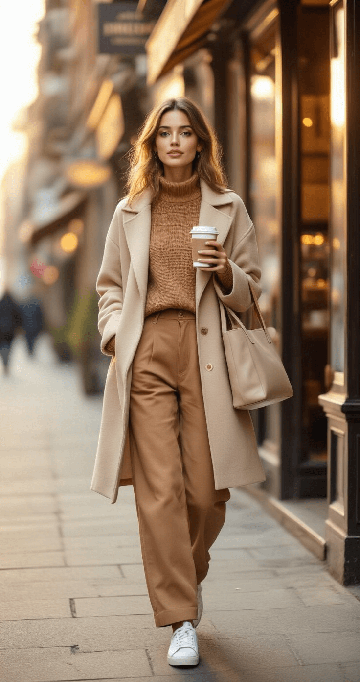 A model in a camel-colored knit set and beige wool coat walks outside a boutique coffee shop, holding a takeout coffee. The scene is bathed in warm sunset light, with urban architecture blurred in the background. A leather tote with a laptop sleeve is slung over her shoulder.