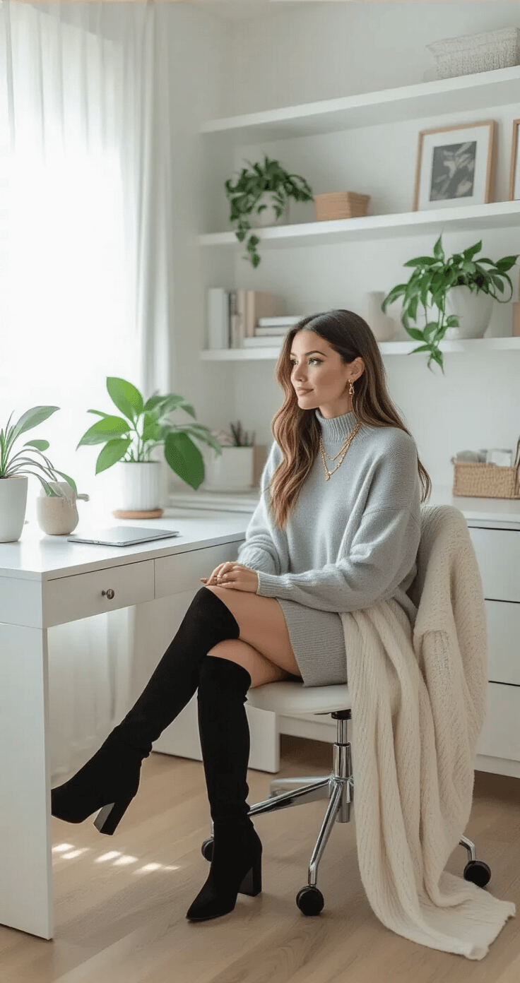 A bright, minimal home office featuring white built-in shelving and houseplants, with a person seated at a clean white desk in a soft gray cashmere sweater dress and black over-the-knee boots, layered gold necklaces visible. A long cream cardigan drapes over the chair as morning light streams through sheer curtains, captured from a 45-degree angle to highlight both the outfit and workspace.