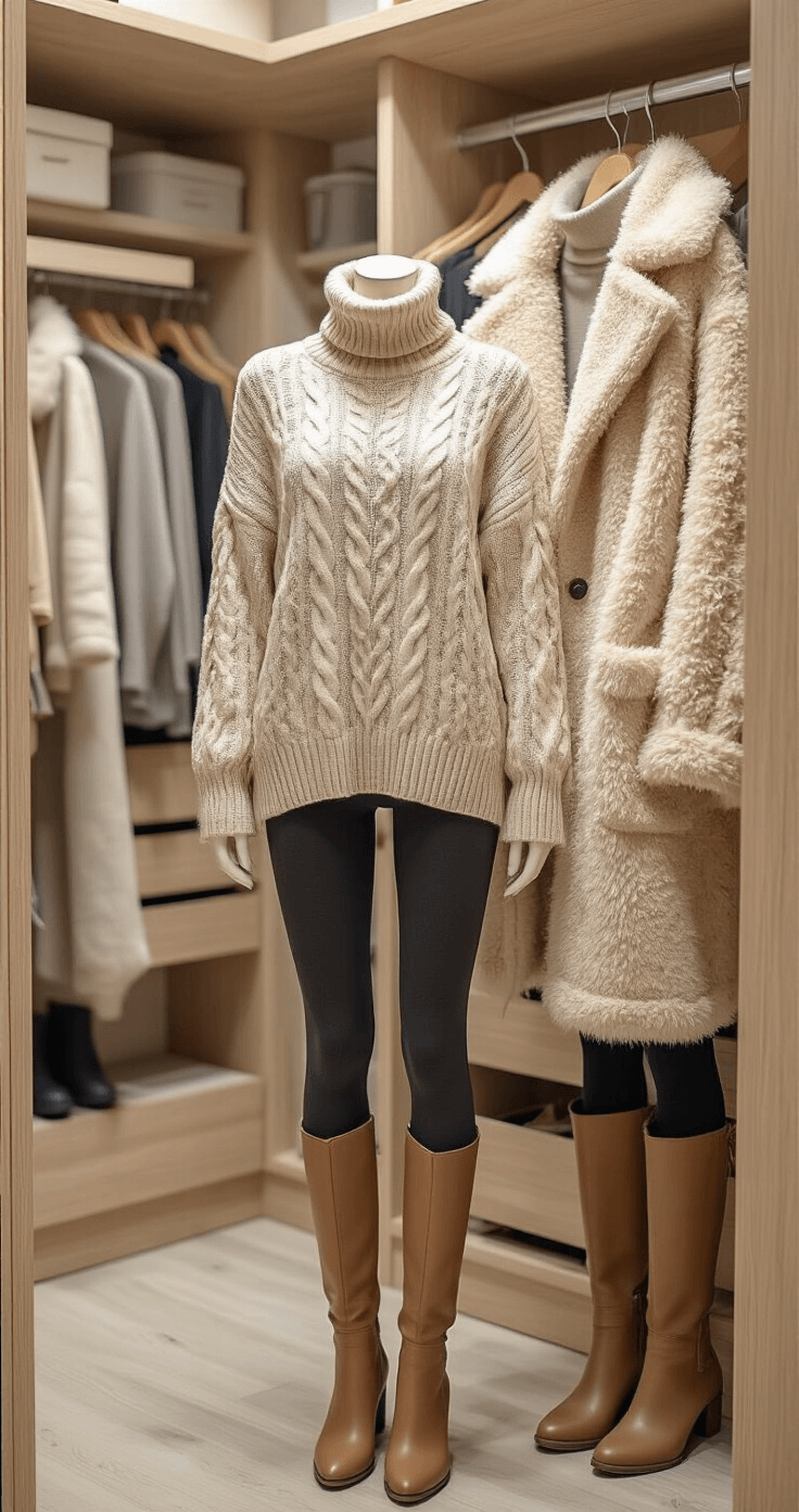A Scandinavian-style walk-in closet featuring light wood elements, with a stylist arranging a mannequin dressed in a thin turtleneck, oversized cable-knit sweater, and teddy coat, alongside high-waisted leggings and knee-high boots. The organized closet rails in the background display a color-coordinated neutral wardrobe, captured in a side angle shot with depth and even studio lighting.