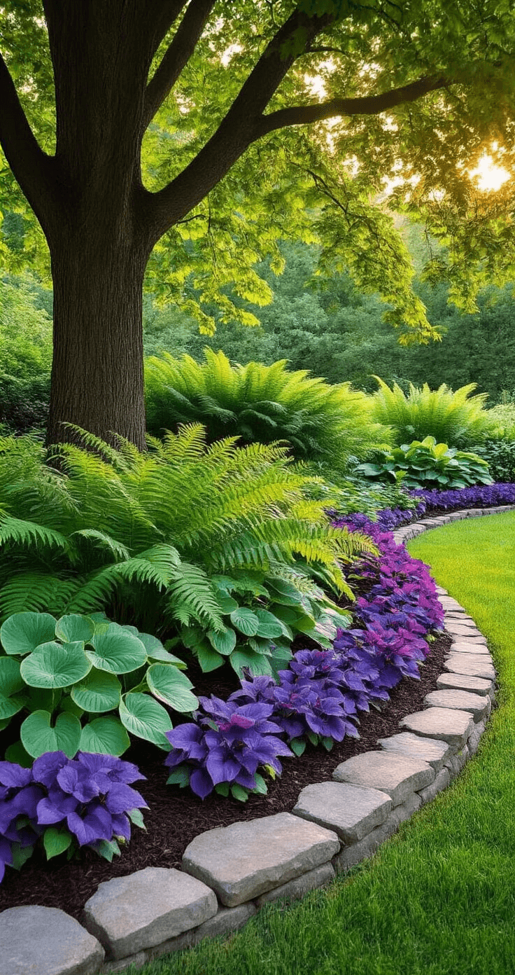 A tranquil shade garden under a mature maple tree at golden hour, featuring layered plantings of outsized ostrich ferns, medium blue-green hostas, and purple-veined coral bells, all framed by a natural stone border with premium bark mulch, as soft evening light creates intricate shadows and a dreamy bokeh effect.