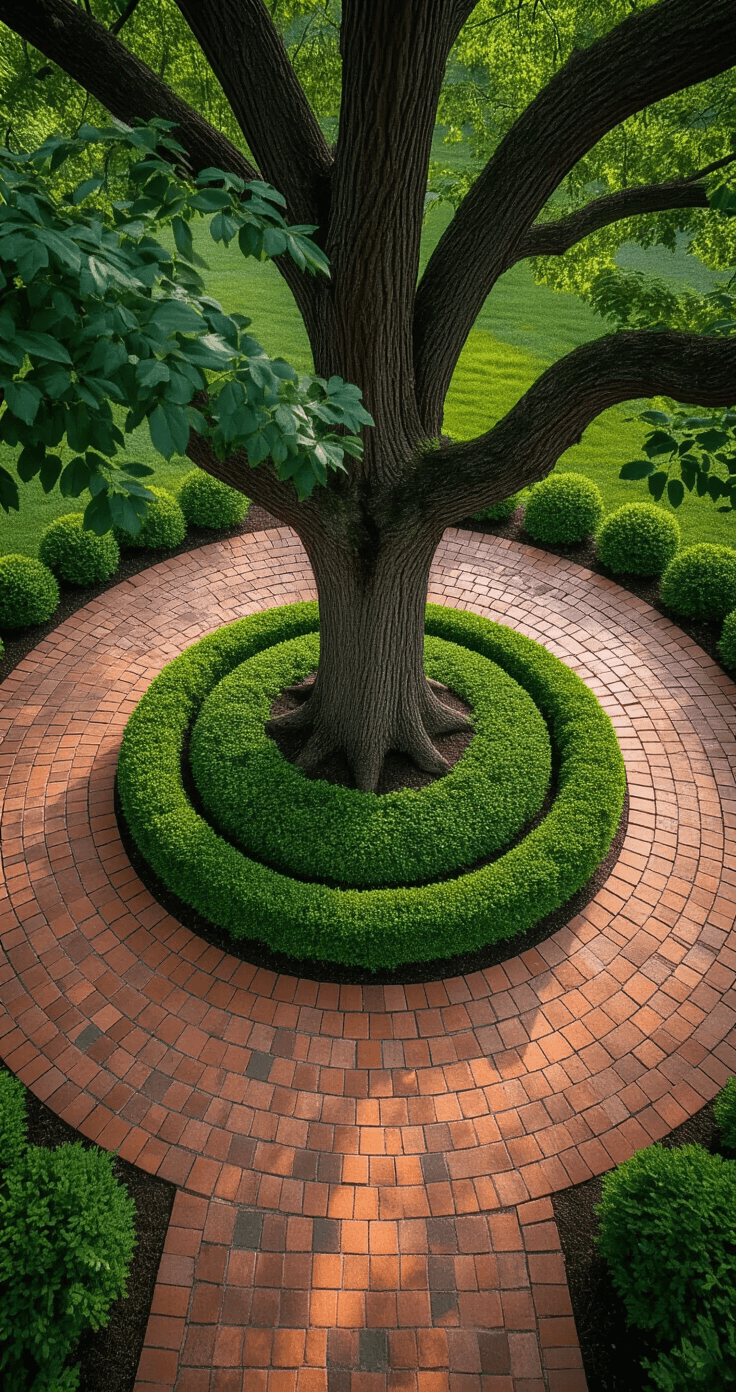 Aerial view of a circular tree ring with tumbled brick pavers around an oak tree, filled with pachysandra, showcasing geometric contrast against organic form, illuminated by morning dew.