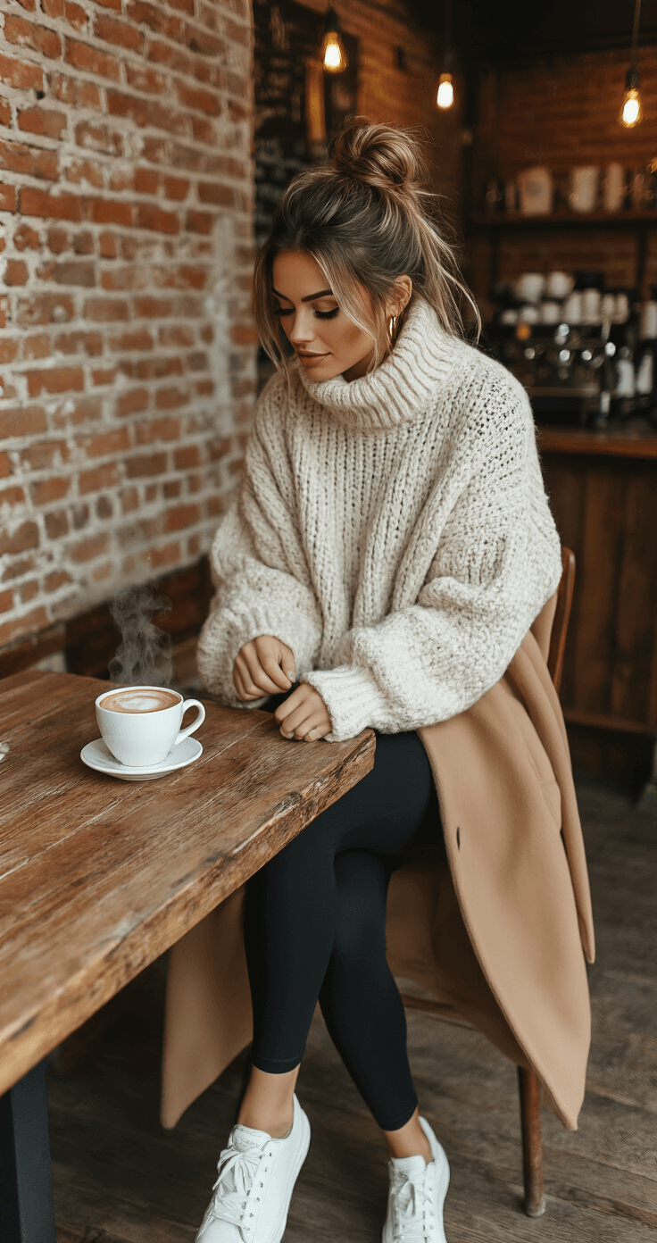 A fashion blogger in a chunky cream sweater and black leggings stands in a rustic coffee shop with exposed brick, capturing a candid moment with steam rising from a coffee cup on a reclaimed wood table, shot at hip level with moody natural lighting.