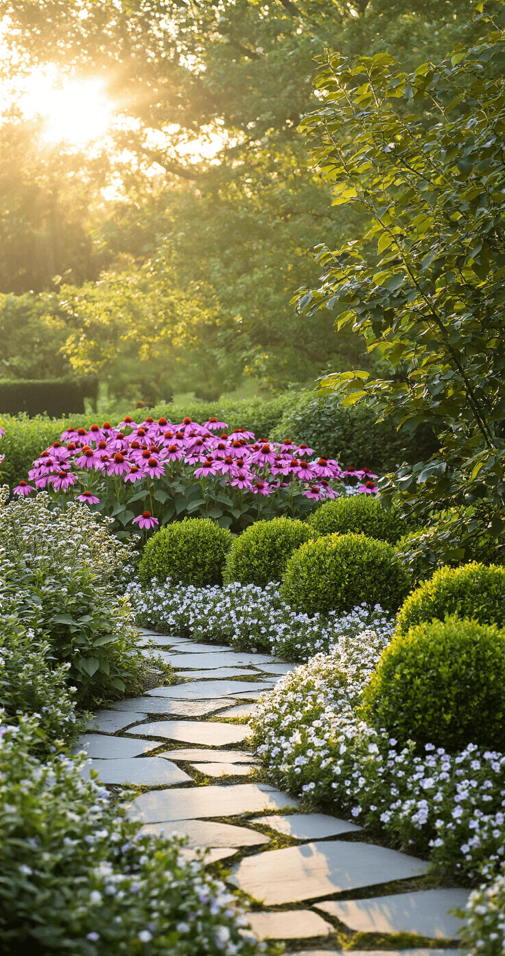 A vibrant layered garden scene featuring a flowering dogwood illuminated by late afternoon sun, with purple coneflowers in the background, compact boxwood shrubs, and creeping phlox spilling over limestone edging, all framing a curved flagstone path.