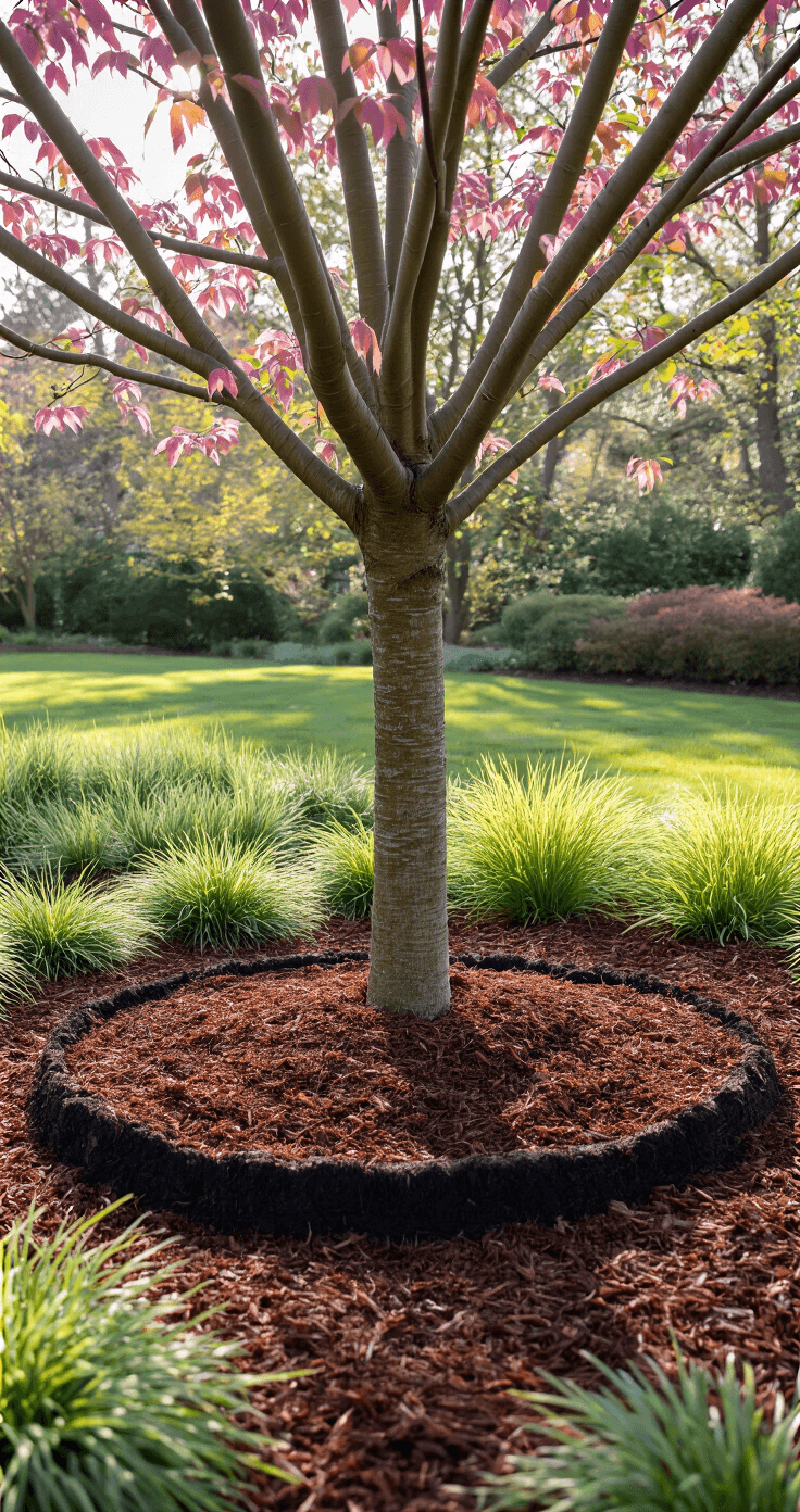Professional mulching demonstration around a heritage cherry tree, featuring a 2.5-inch layer of rich brown hardwood mulch in a perfect donut shape, with a 24-inch space from the trunk and a border of Japanese forest grass, captured in crisp morning light from a 45-degree angle.