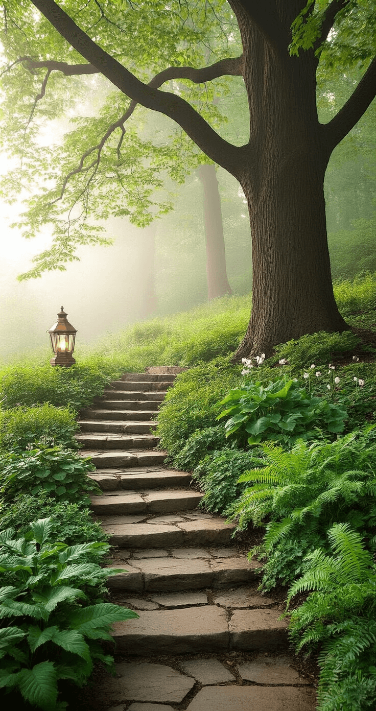 A tranquil woodland garden path, illuminated by dawn light, curves around an ancient beech tree. Natural stone steps lead through a lush understory of variegated Solomon's seal, bleeding hearts, and wood ferns. A vintage copper garden lantern serves as a focal point amidst the heavy morning mist.