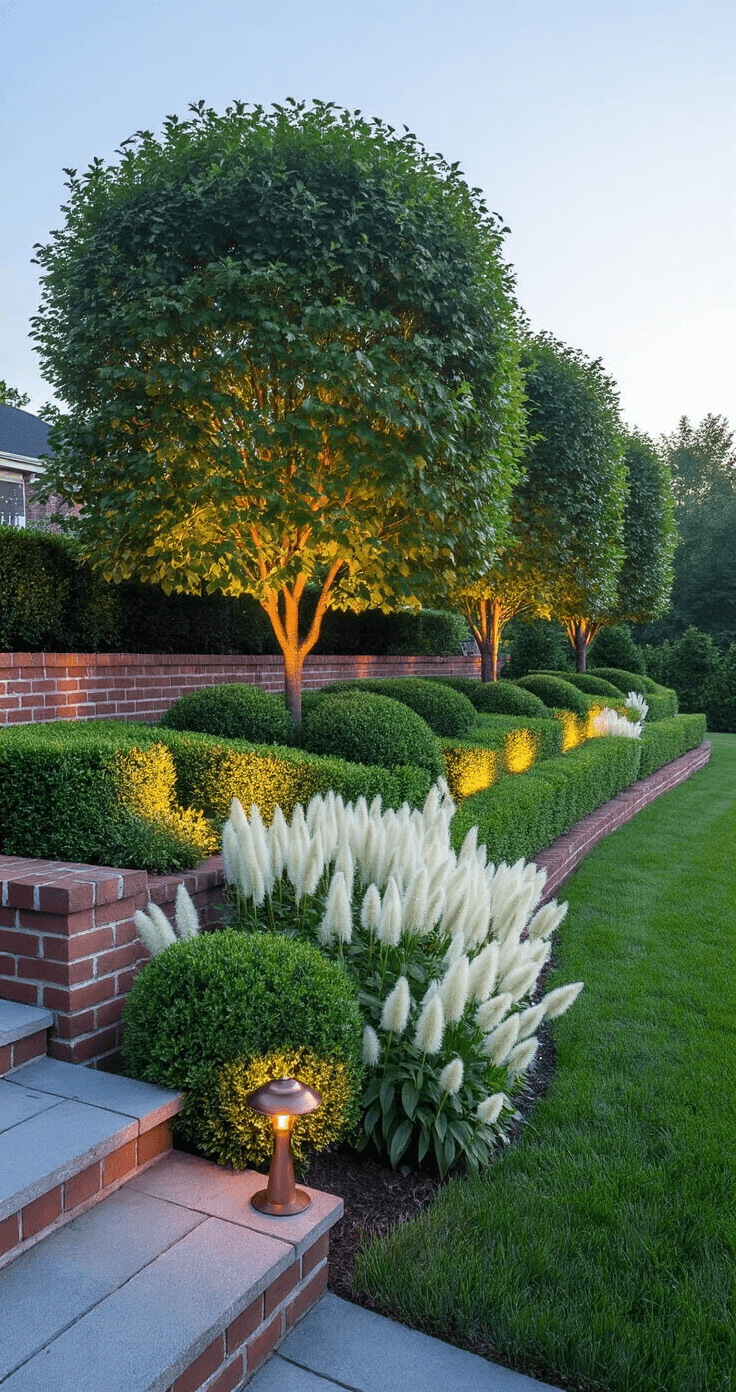 A sunset scene featuring a professionally designed hedge around a specimen maple, with graduated heights of boxwood creating waves and white astilbe plumes. An aged brick retaining wall provides architectural detail, illuminated by warm copper landscape lighting that casts dramatic shadows during blue hour.