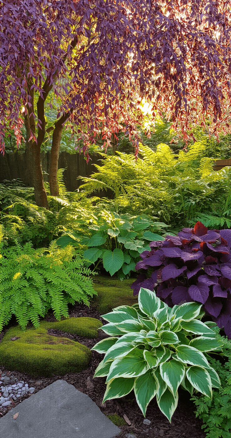A serene shade garden under a weeping cherry tree, featuring Japanese painted ferns, variegated hostas, and deep purple heuchera, with moss-covered stones, showcasing intricate textures and colors in soft morning light.