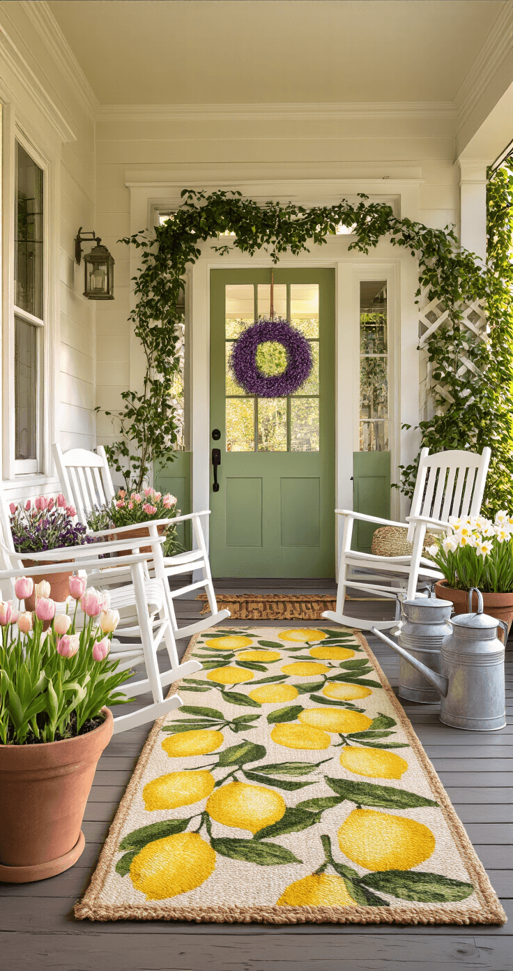 A sunlit craftsman-style front porch featuring jute and lemon-print doormats, white rocking chairs by a sage green door with a lavender wreath, flower-filled terra cotta pots, and vintage galvanized watering cans, captured in golden hour light.