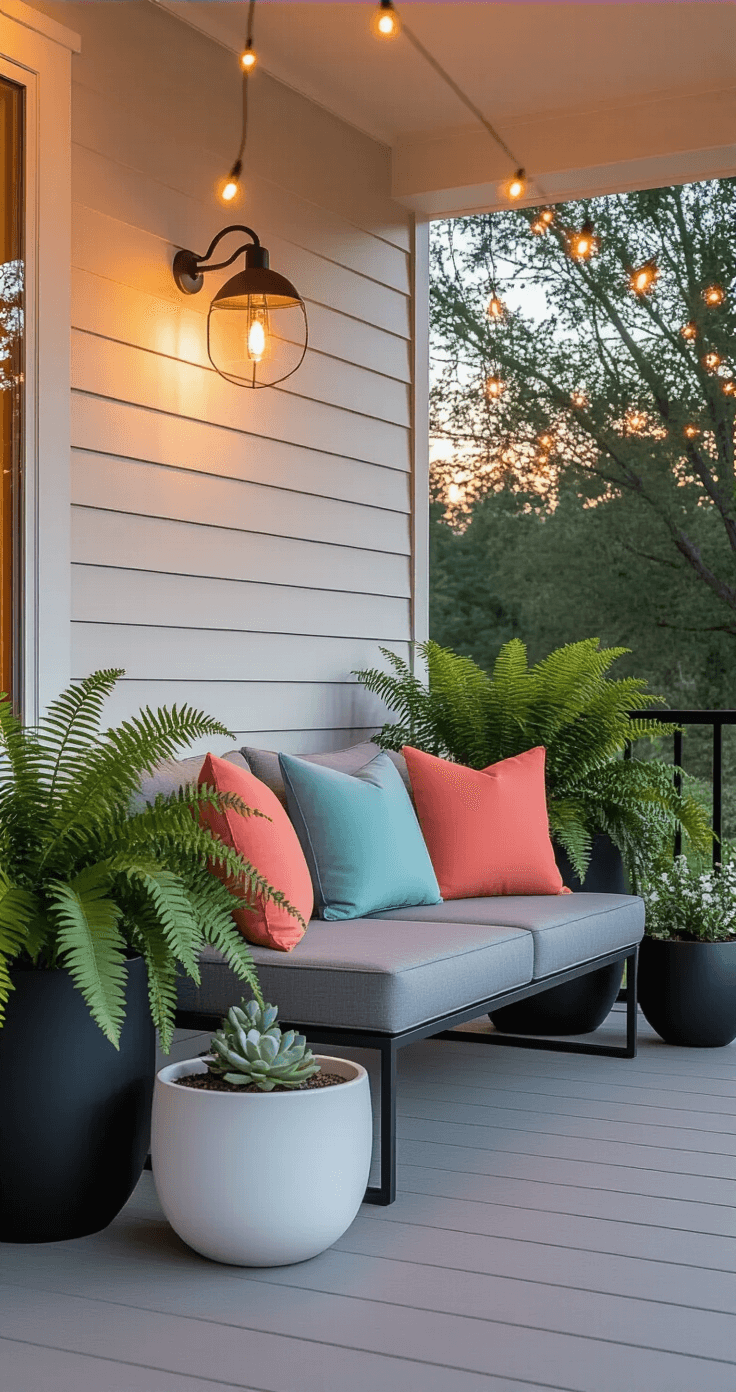 Cozy modern porch at dusk featuring a gray loveseat with seafoam and coral pillows, surrounded by minimalist planters with ferns and bleeding hearts, and illuminated by delicate copper wire string lights.