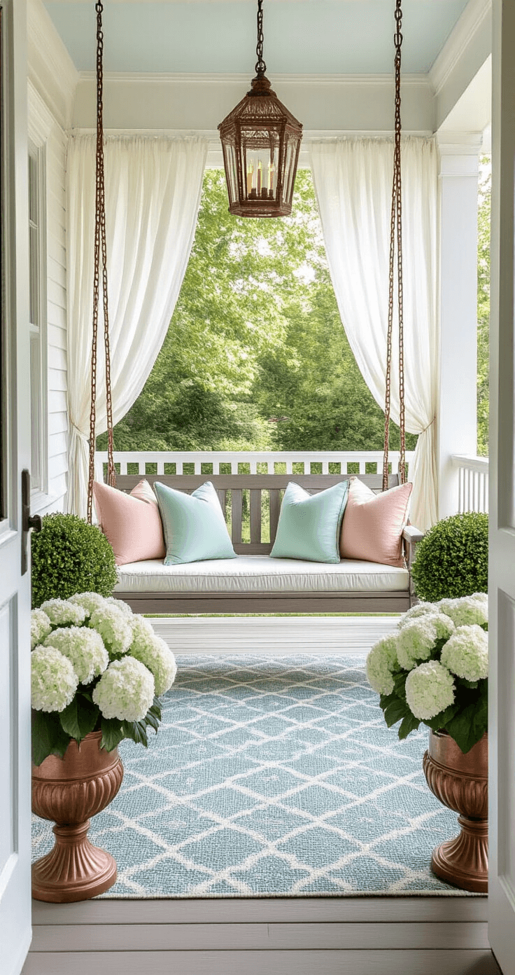 A beautifully arranged covered porch featuring a vintage wooden swing adorned with mint green and blush pink cushions, framed by white hydrangea topiaries in aged copper urns, and anchored by a geometric blue and cream rug, with woven rattan lanterns casting soft light through sheer white curtains.