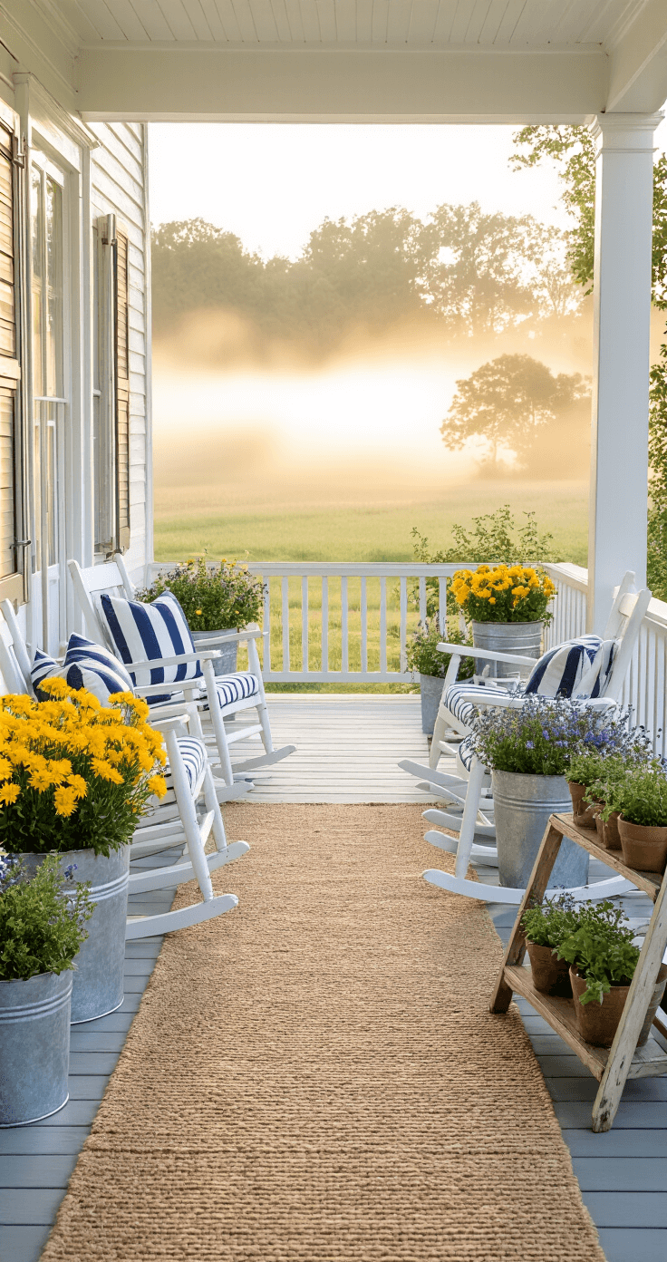 Overhead view of a sunrise-lit wraparound farmhouse porch featuring whitewashed rockers with navy striped cushions, galvanized tubs of flowers, a vintage ladder with potted herbs, and a natural fiber runner leading to double doors with brass hardware, all enveloped in morning mist and golden light.