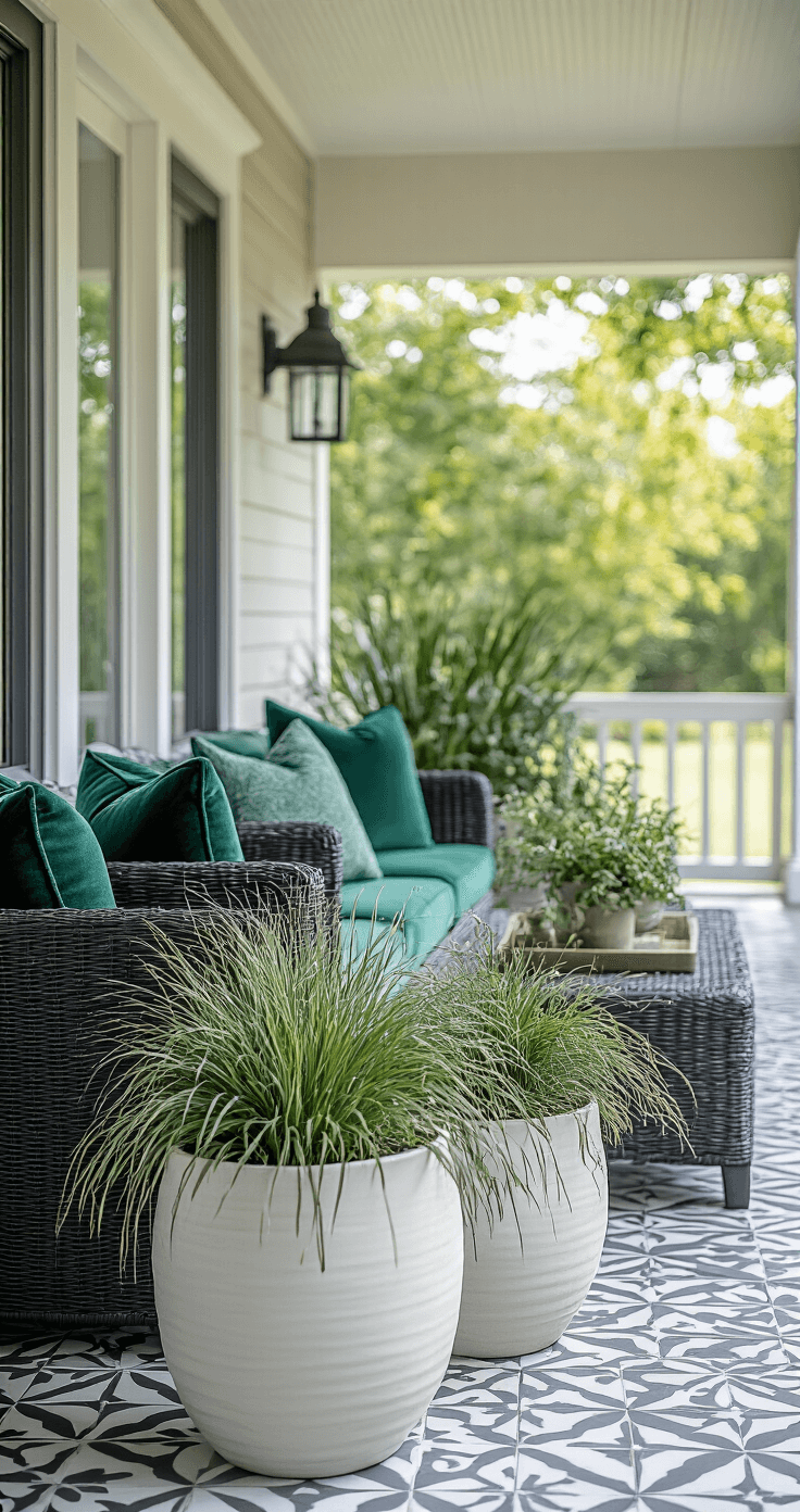Ground-level detail of a contemporary entry porch showcasing a modern charcoal wicker conversation set with emerald velvet cushions, oversized white ceramic planters with grasses and vines, and geometric gray and white cement tiles, captured with a dreamy background blur.