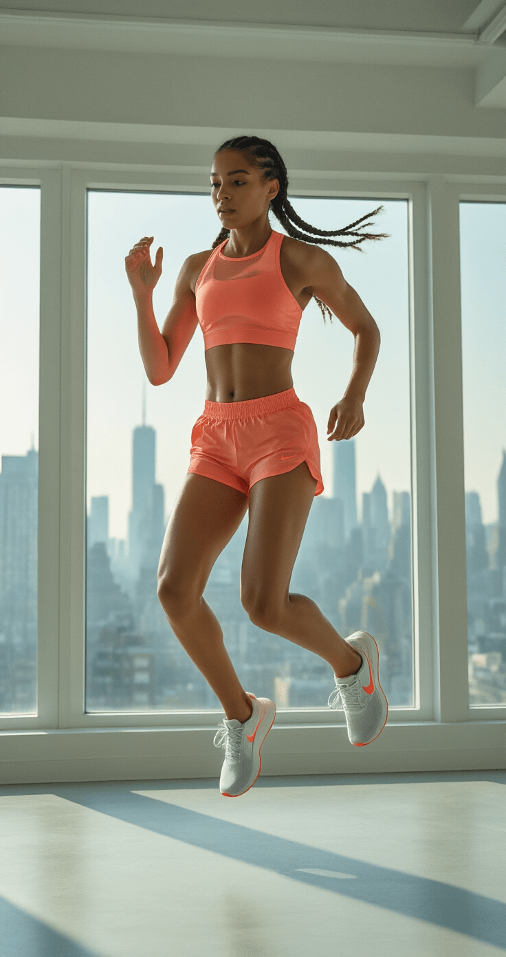 A fit model performs a dynamic high-intensity interval training jump in a bright fitness space, wearing coral moisture-wicking shorts and a matching tank, with Dutch braids and minimal jewelry. The city skyline is visible through large windows, bathed in soft morning light.