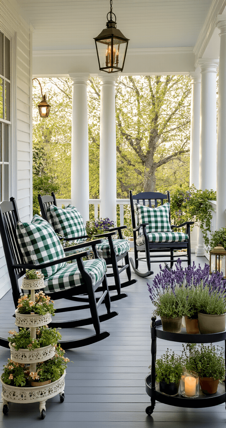 A colonial porch at magic hour featuring white columns, black rocking chairs with spring green buffalo check cushions, and tiered plant stands with colorful coleus and ivy. A vintage tea cart holds potted English lavender and herbs, while brass lanterns with flameless candles cast a warm glow.