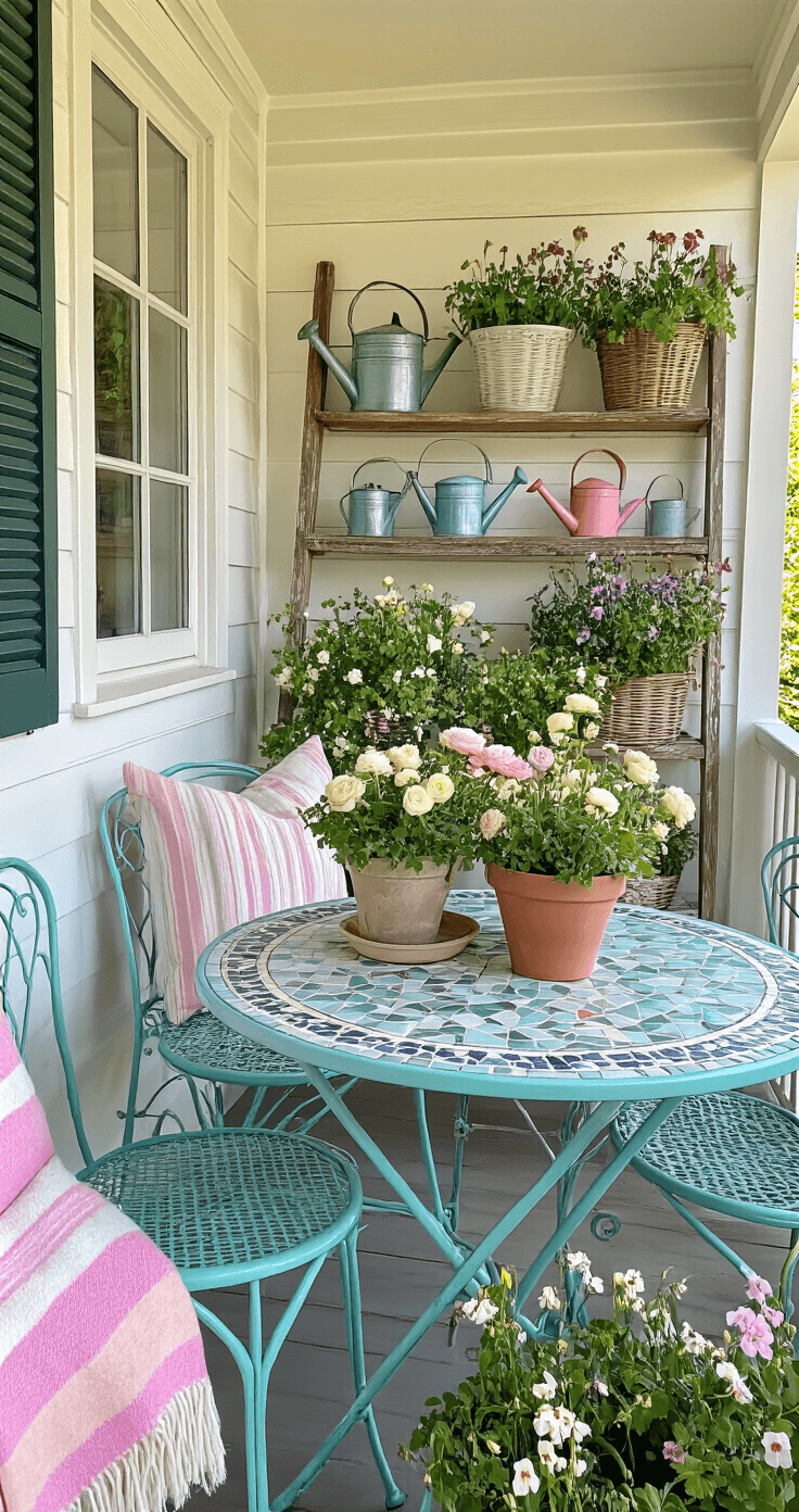Close-up of a cozy cottage-style porch nook featuring distressed aqua metal chairs and a mosaic bistro table with potted ranunculus and sweet peas, complemented by a weathered ladder shelf of vintage watering cans with trailing vinca, and a textured basket wall, all softly lit with backlighting, inviting relaxation with pastel striped throw blankets.