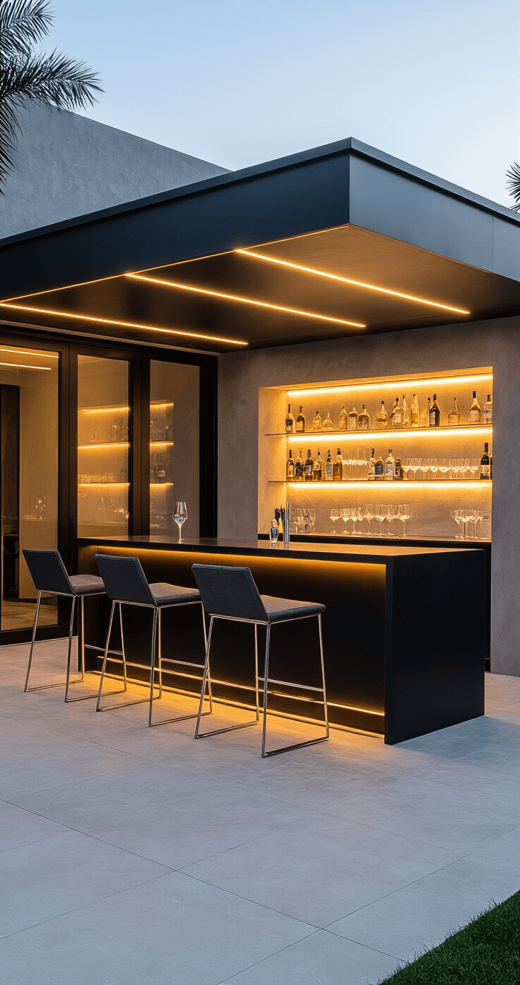 A modern minimalist outdoor bar scene at twilight, featuring a sleek 8ft matte black aluminum counter, polished concrete flooring, and geometric chrome stools, all illuminated by warm LED lighting.