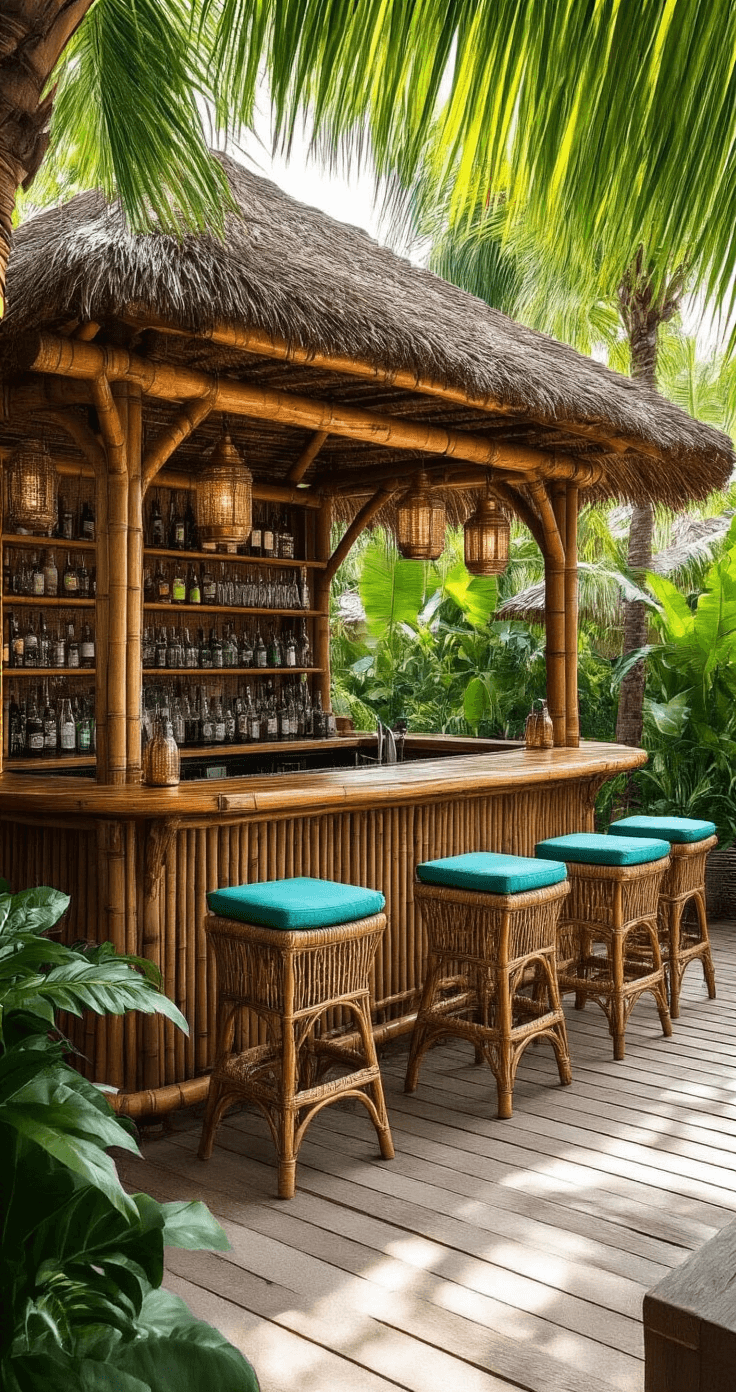 An intimate tropical bar under a thatched-roof pergola, featuring a weathered teak bar, rattan stools with turquoise cushions, and dappled sunlight filtering through emerald palm fronds.