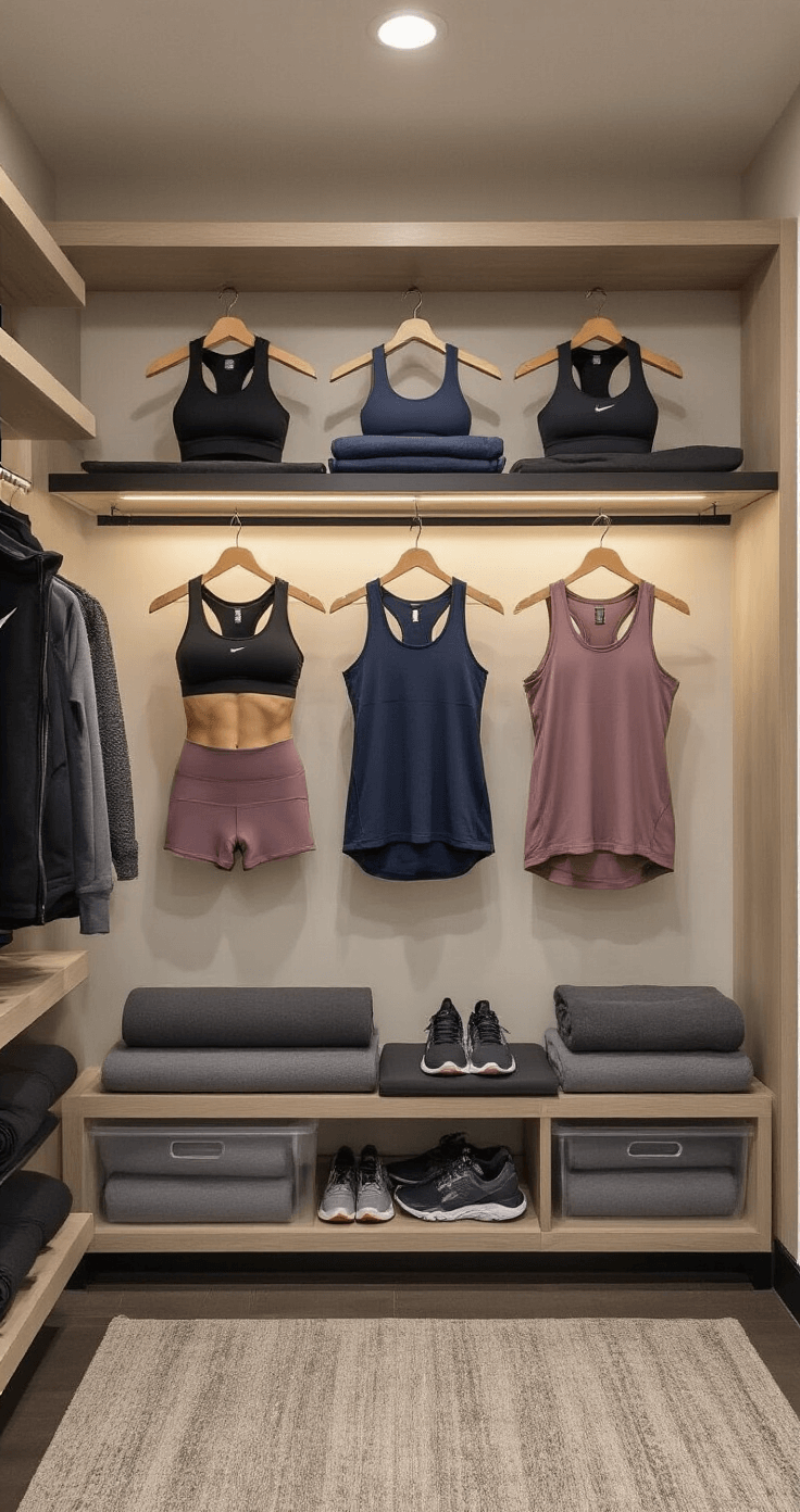 Aerial view of a boutique gym changing area featuring a curated workout wardrobe, including three premium sports bras in black, navy, and mauve, neatly rolled neutral-toned leggings, technical tanks arranged on hangers, a coordinating jacket, and training shoes displayed below, all in warm indirect lighting with modern storage solutions visible.