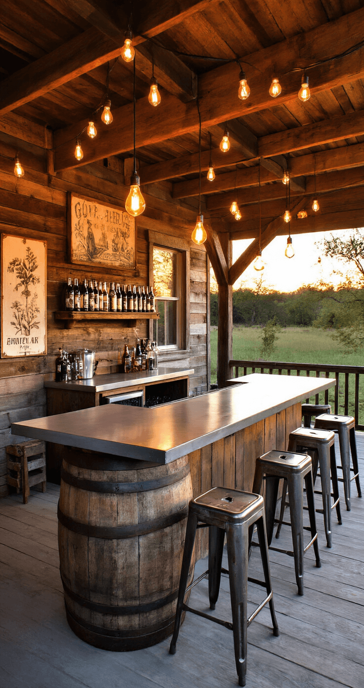 Rustic outdoor bar at sunset featuring reclaimed barn wood, a weathered zinc bar top, and industrial stools, with warm Edison bulb lights and vintage decor creating an inviting atmosphere.