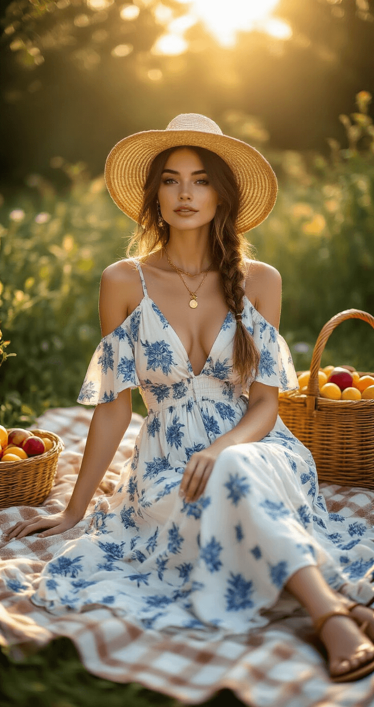 A woman lounges on a vintage checkered blanket in a sun-drenched garden, wearing a flowing white and blue floral midi dress and a straw wide-brim hat. Golden hour lighting highlights her leather sandals and minimal gold jewelry. A woven picnic basket filled with fresh fruits rests nearby, captured in soft focus with bokeh effect, emphasizing the dress's movement in a gentle breeze.