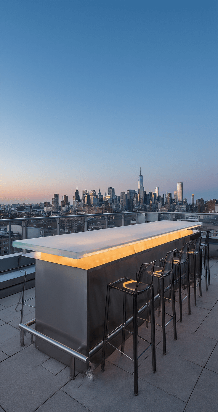 Contemporary urban rooftop bar at blue hour featuring glass wind barriers, a concrete and stainless steel modular bar, frosted glass countertop with LED strip lighting, and smoke grey acrylic bar stools, overlooking a metropolitan skyline.