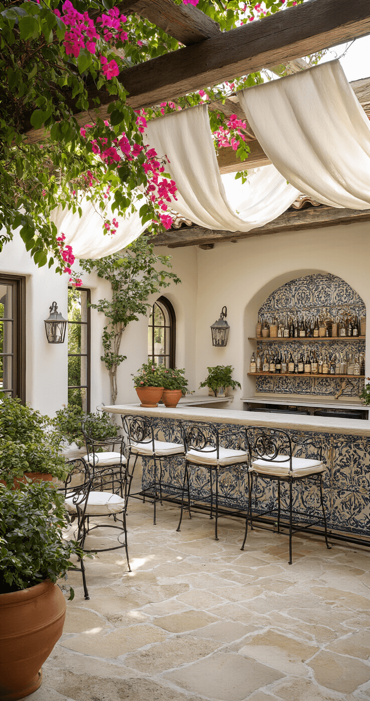 A cozy Mediterranean-inspired courtyard bar featuring a stone-paved area with whitewashed stucco walls, a custom built-in bar adorned with handpainted ceramic tiles, wrought iron bar stools with cream cushions, and terracotta pots filled with blooming bougainvillea, all beneath an overhead pergola draped in white fabric, captured in warm late afternoon light.