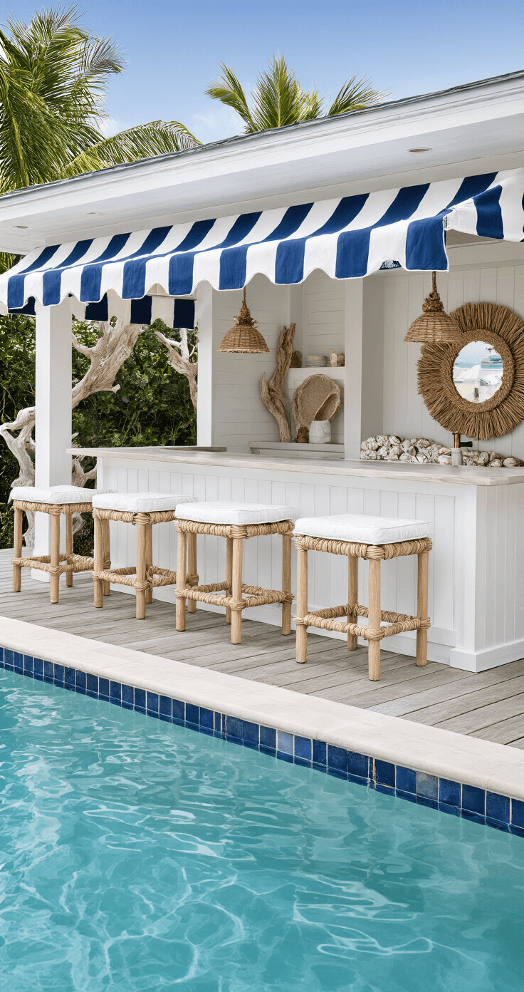 Coastal chic poolside bar featuring a covered cabana with a navy and white striped awning, a white-washed teak bar with rope accents, and marine-grade upholstered stools. Decorated with shell-encrusted mirrors and driftwood art, viewed from a poolside angle highlighting water reflections and breezy fabric movement.