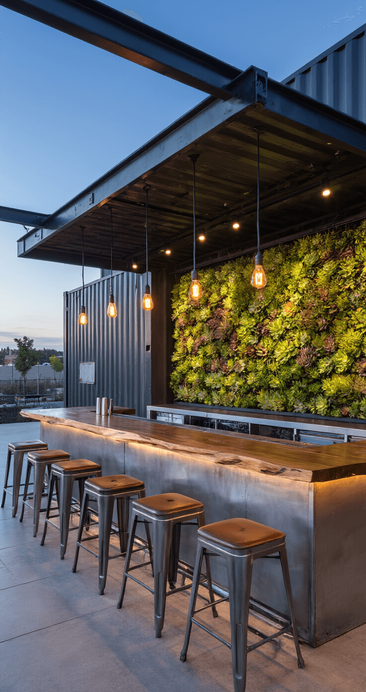 An industrial modern outdoor bar inside a converted shipping container at dusk, featuring a raw steel and live-edge wood bar counter, vintage filament pendant lighting, recycled metal bar stools with leather seats, and a vertical succulent garden wall, captured straight-on to highlight the geometric lines and material contrasts.