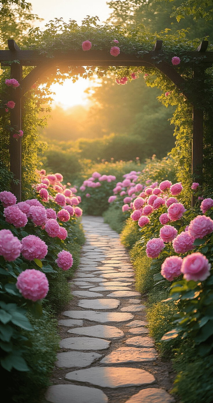 A sunlit garden at golden hour features cascading layers of pink hydrangeas and peonies, with a natural stone path bordered by silver-leafed artemisia, framed by a weathered wooden arbor draped in climbing pink roses. Soft dappled sunlight highlights the dewy petals, creating a romantic and ethereal atmosphere.
