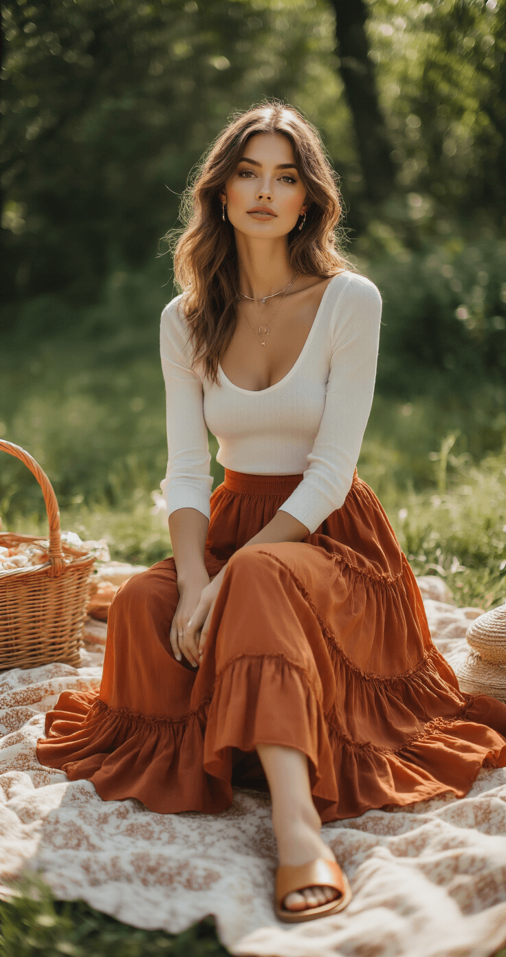 A woman in a rust-colored tiered maxi skirt and fitted white cotton top enjoys an intimate picnic, complemented by comfortable leather slides and minimal jewelry. Soft afternoon light creates a dreamy atmosphere, with shallow depth of field emphasizing her outfit details against a blurred picnic setup.