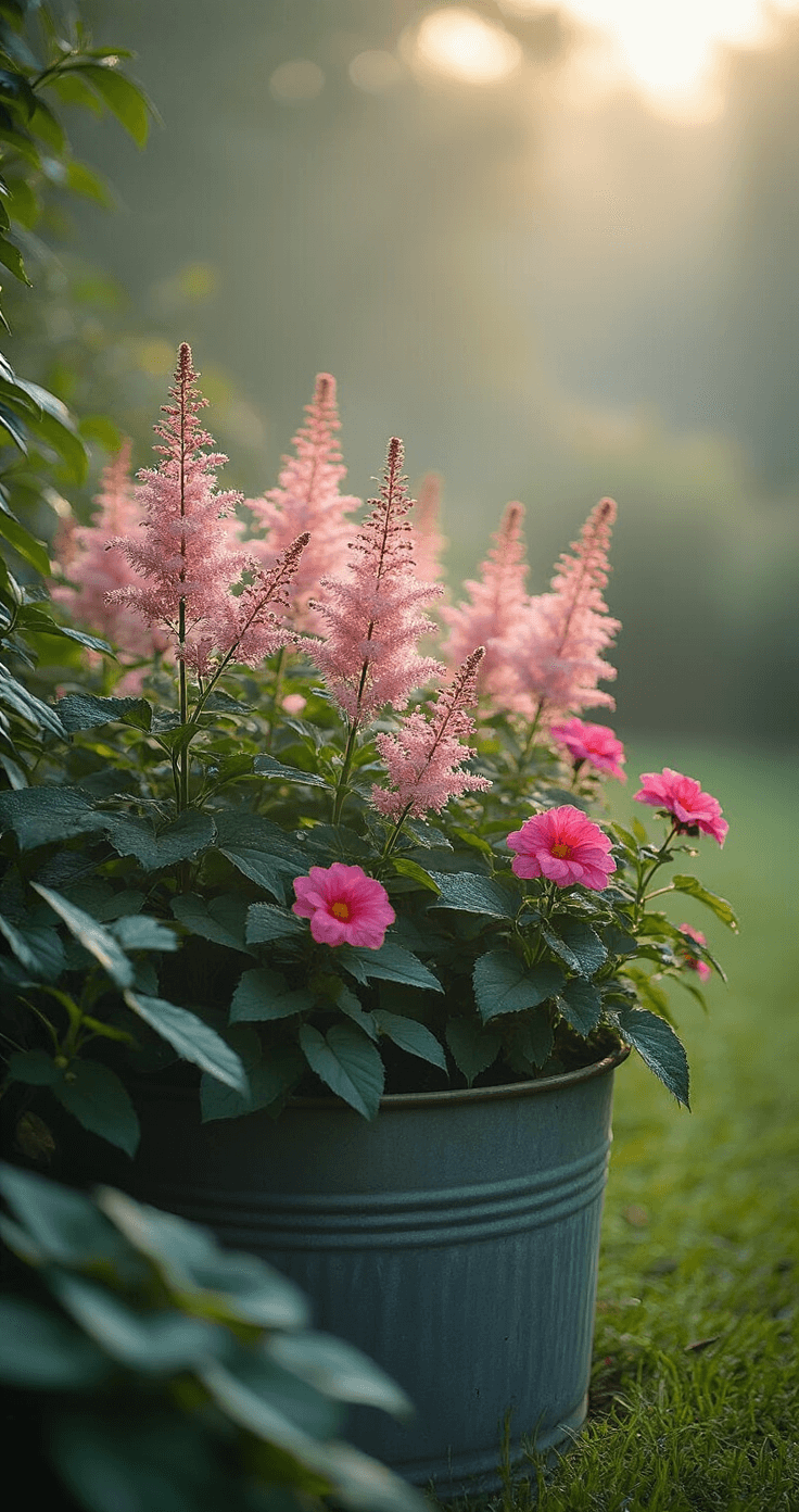 Intimate garden corner at dawn featuring mist over astilbe and pink impatiens, illuminated dewdrops on colorful plumes, dark green foliage, and a vintage zinc planter, creating a peaceful and ethereal atmosphere.
