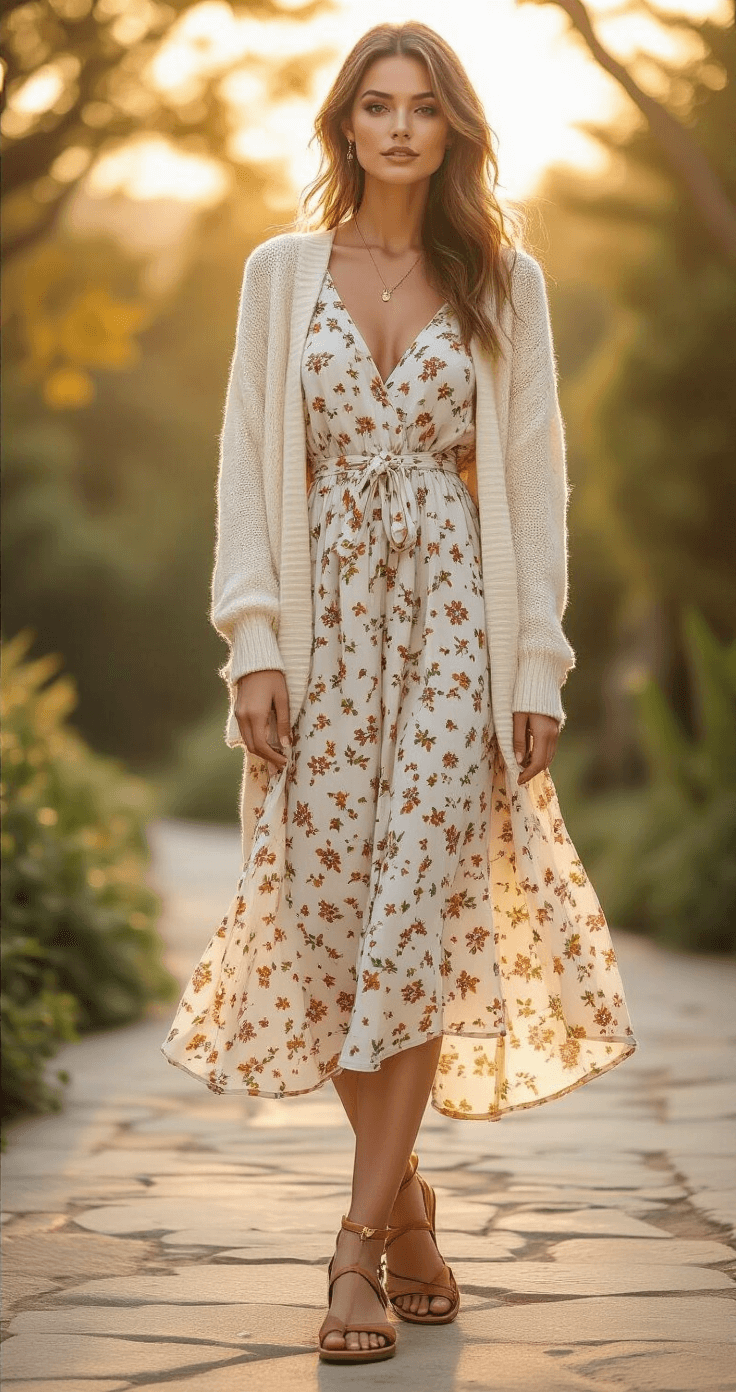 A feminine midi dress in a ditsy floral print layered with a cream knit cardigan, paired with leather sandals and a delicate anklet, captured during golden hour with backlighting highlighting the fabric's movement, shot from a low angle to emphasize the ethereal glow and texture.