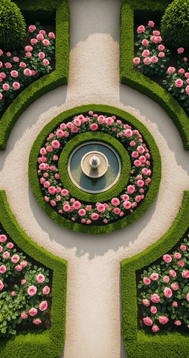 Overhead drone shot of a formal 40'x40' rose garden featuring a symmetrical design with boxwood hedges framing pink rose beds in concentric circles, a central stone fountain, and light limestone gravel paths.