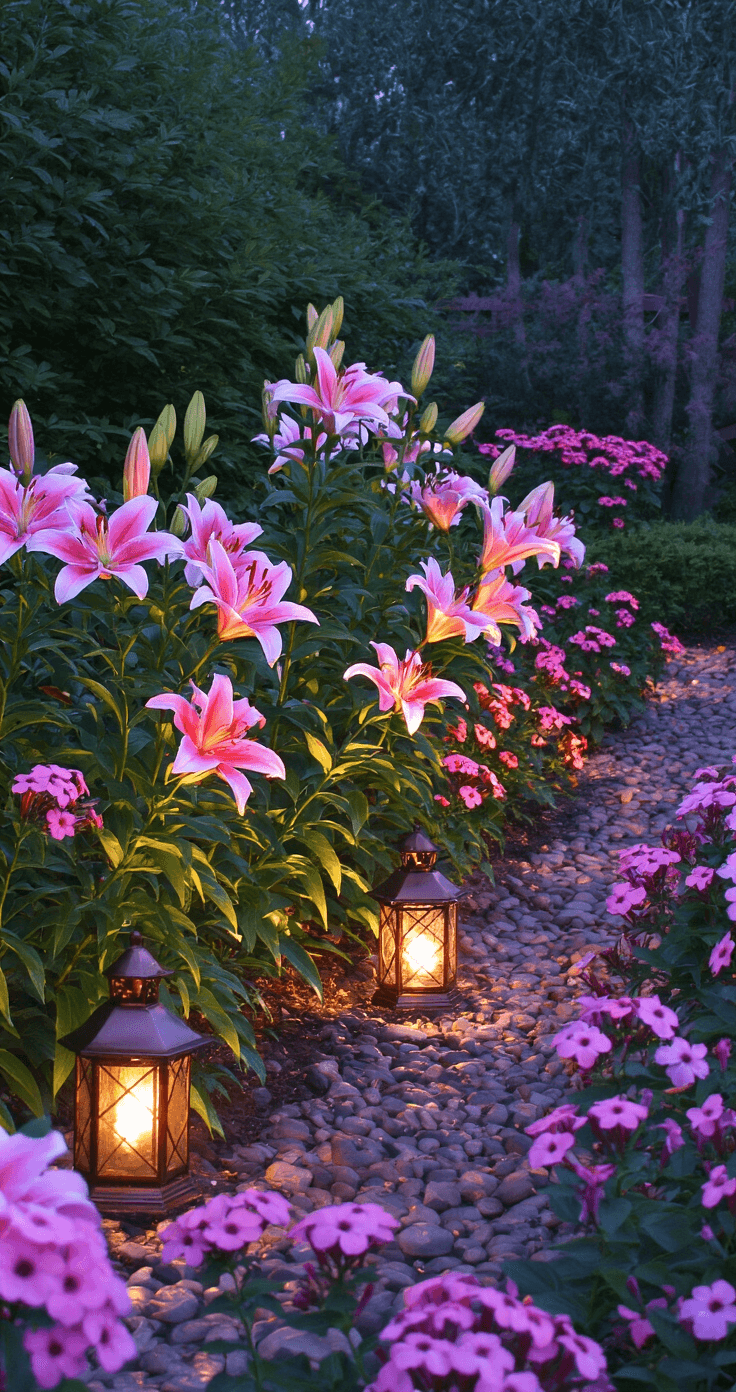 A twilight garden scene featuring illuminated pink oriental lilies and phlox, with deep shadows creating dramatic contrast. The colors transition from soft pink to deep rose, accented by copper lanterns, evoking a mysterious and romantic mood.