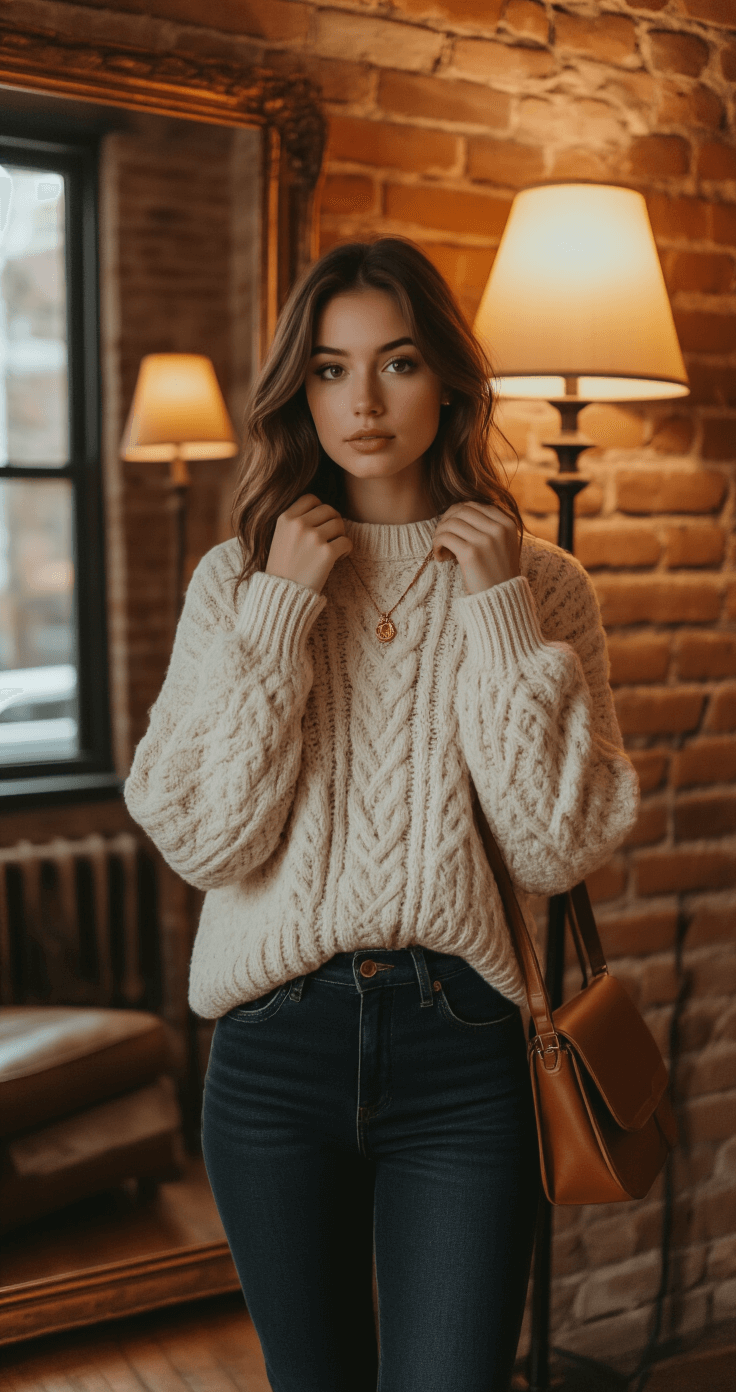 Styling Your Perfect Friendsgiving Look: Cozy Meets Chic A young woman in a chunky cream cable-knit sweater and high-waisted dark wash jeans adjusts her gold pendant necklace in a vintage floor mirror, surrounded by warm amber lighting in a cozy brownstone with exposed brick walls. Cognac leather ankle boots and a structured shoulder bag are nearby.