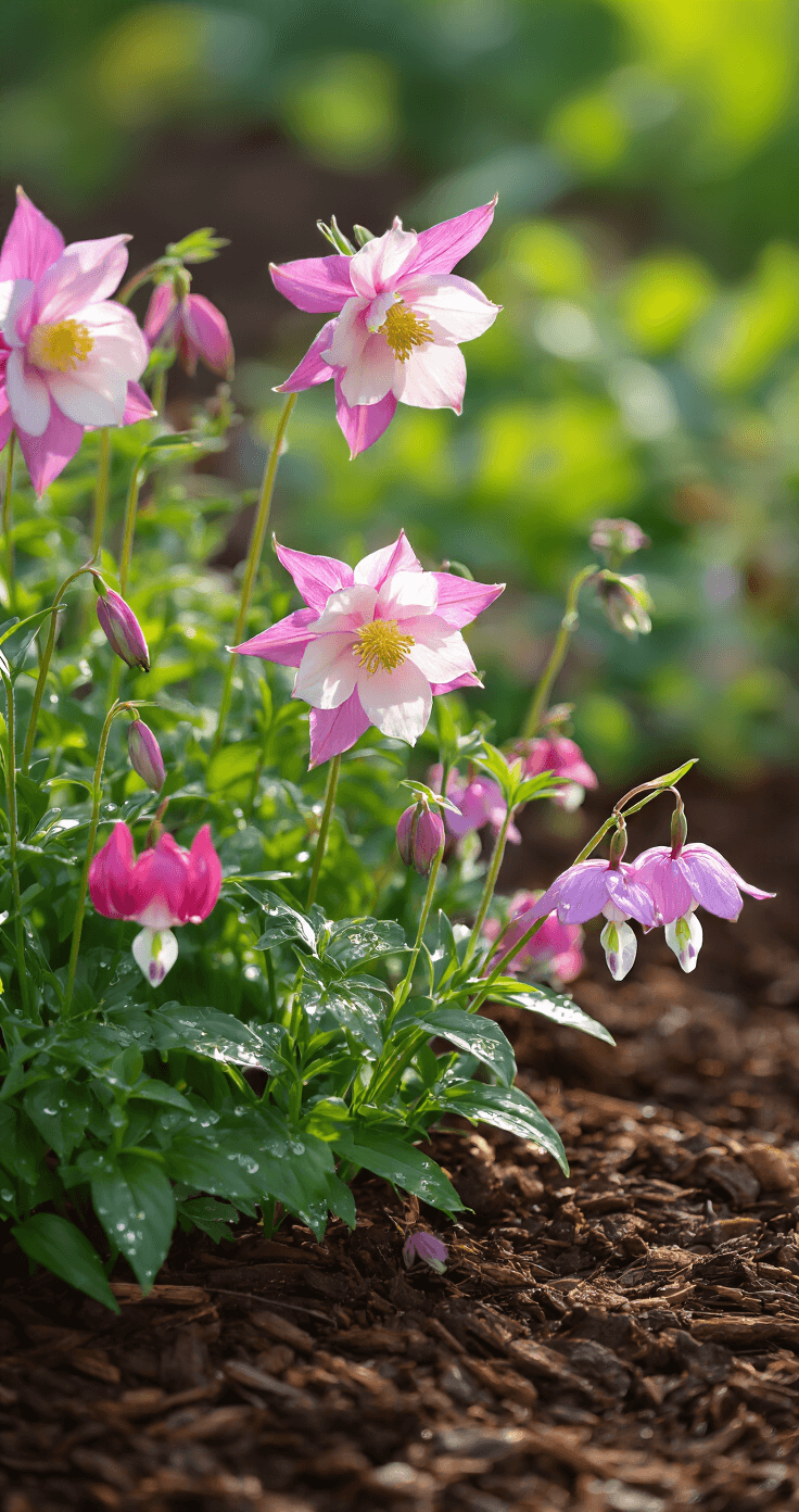 Close-up of a 3'x3' garden section featuring pink columbines and bleeding hearts in morning light, with intricate patterns highlighted by a macro lens. Delicate stems create natural frames around blooms, while water droplets glisten on petals against a rich brown mulch backdrop, emphasizing texture and pattern with soft edges in a botanical style.