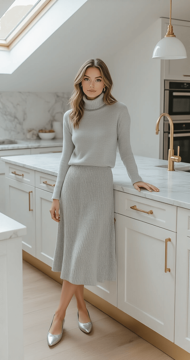 Styling Your Perfect Friendsgiving Look: Cozy Meets Chic A model in a dove gray ribbed midi skirt and matching cashmere turtleneck leans against modern brass-accented cabinetry in a bright kitchen with white marble countertops, illuminated by soft natural light from a skylight.